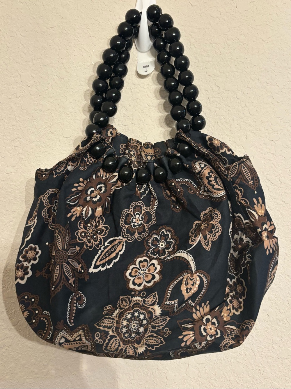 Boho Paisley Floral Cotton Hobo Bag Black Brown Beaded Handle